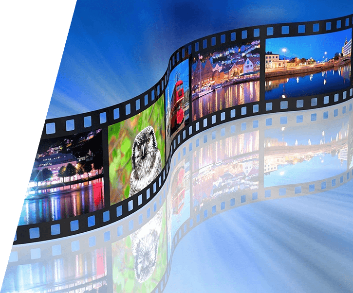 A film strip with several images of different places.