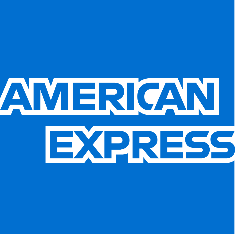 Untitled design (2) Blue and white logo of American Express with bold text on a solid blue background.