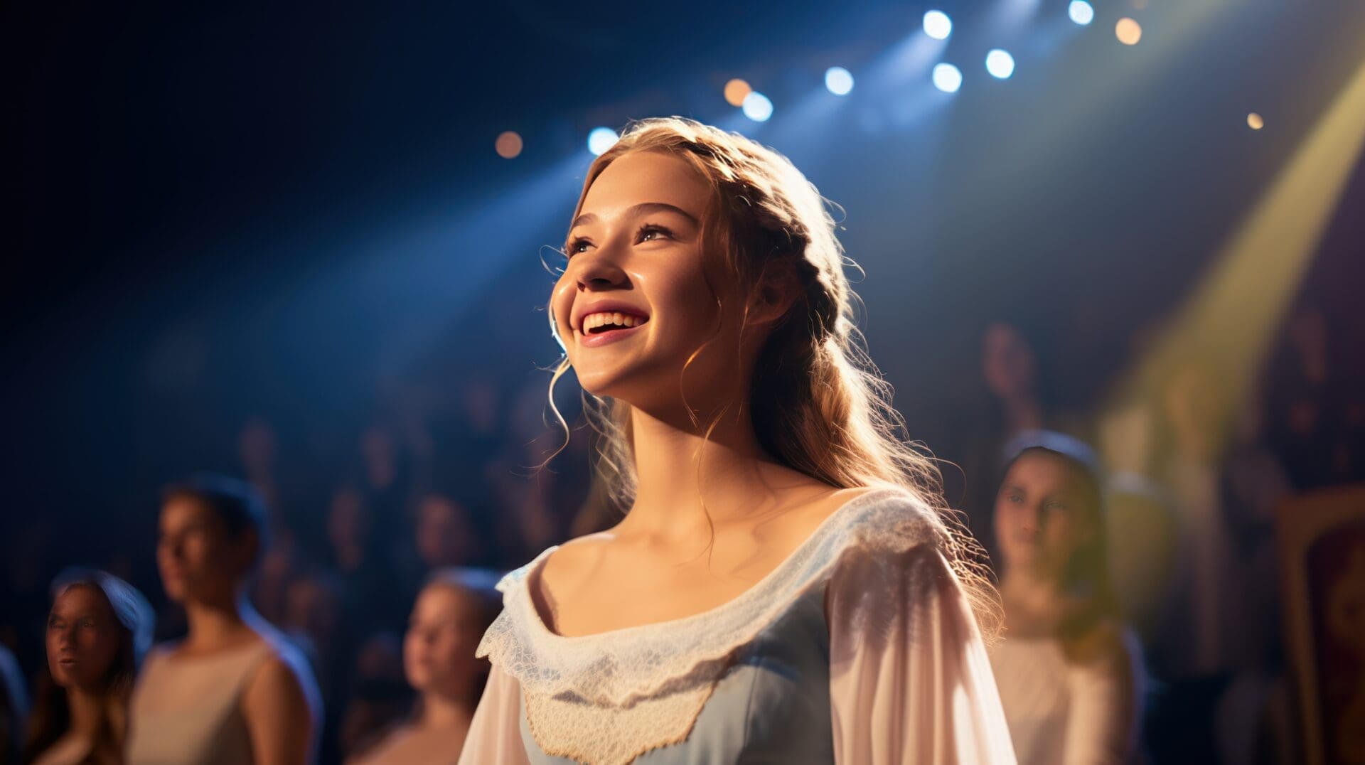 A woman in a white dress smiling under stage lights.