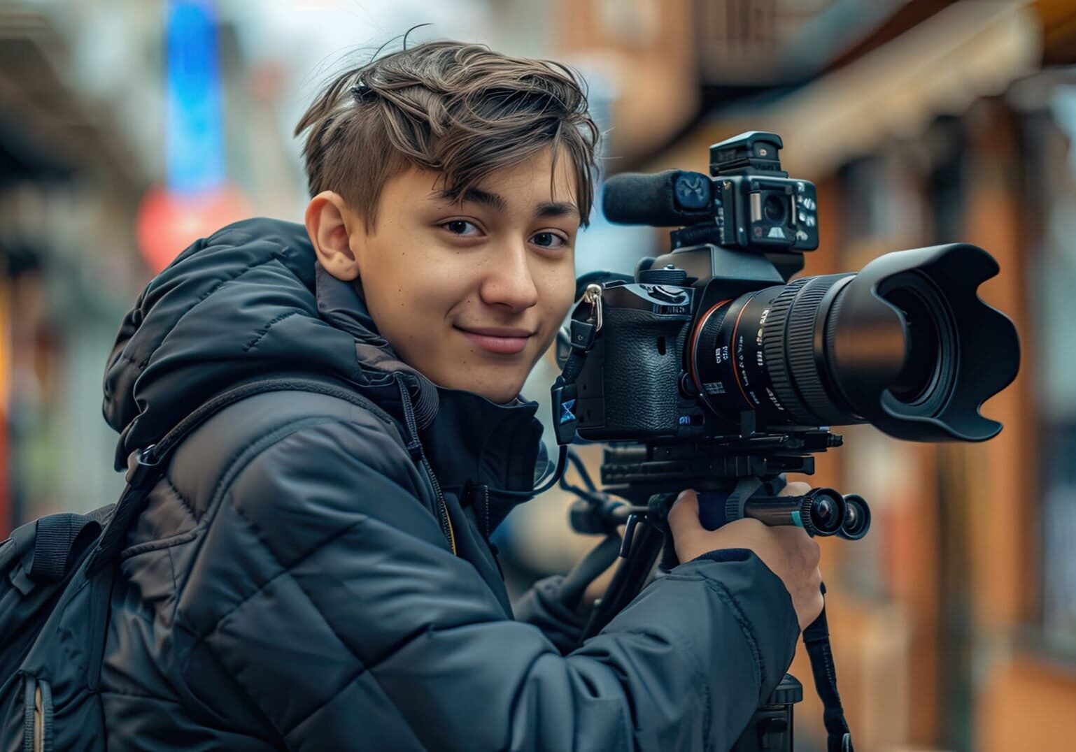 Young man operating a professional camera outdoors.